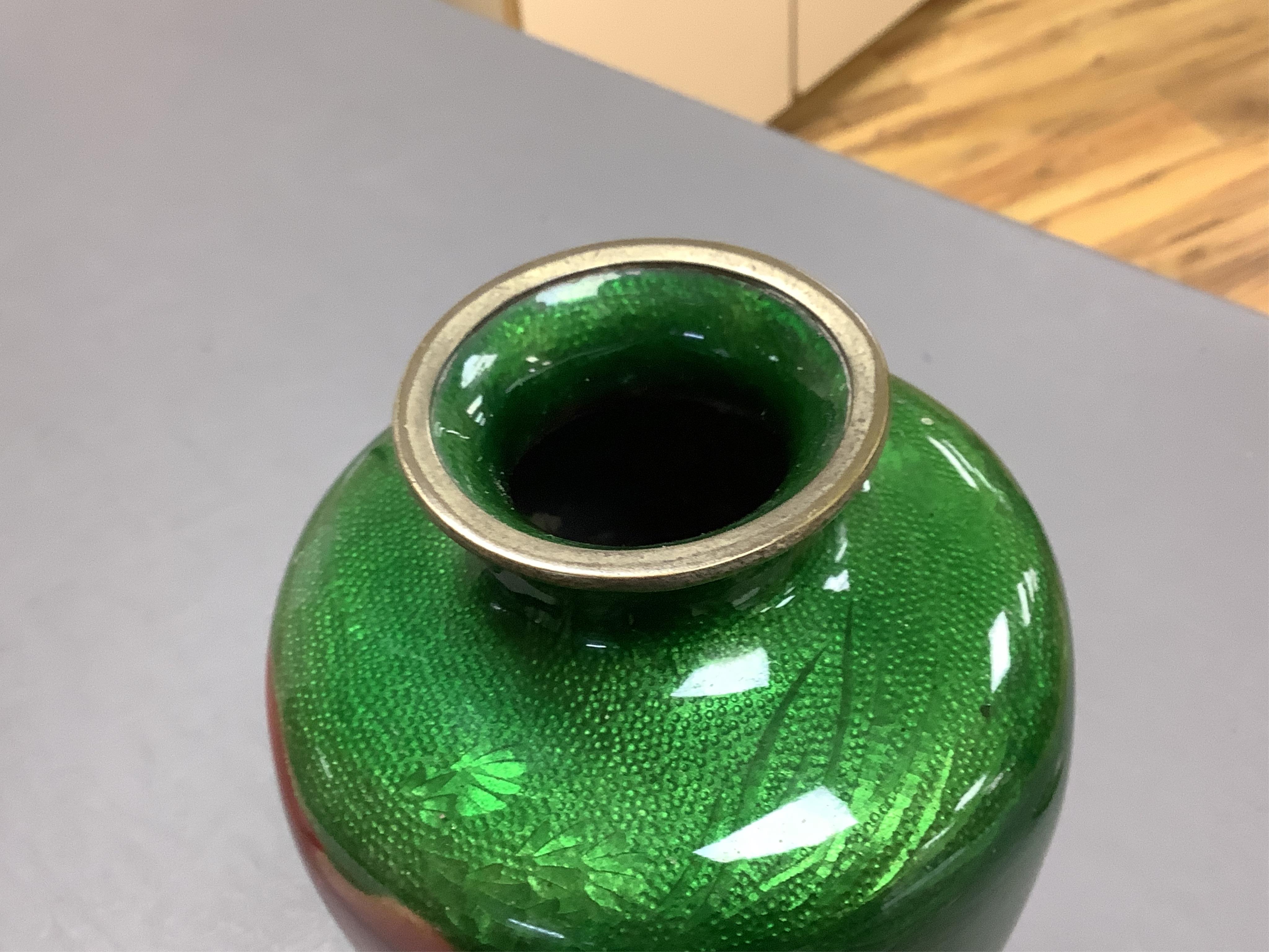 A Japanese ginbari enamel ‘koi carp’ vase, early 20th century, 18cm high